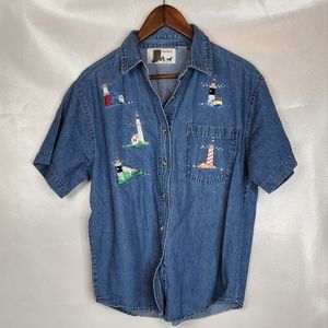 Denim Button Down Shirt with Lighthouses